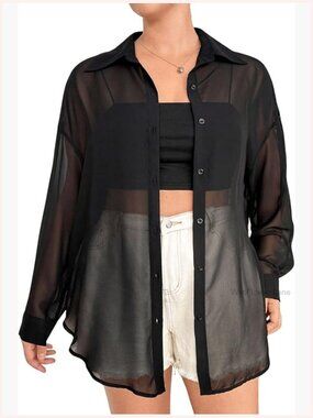 Plus Size Mesh See Through Long Sleeve Button Down Blouse Top